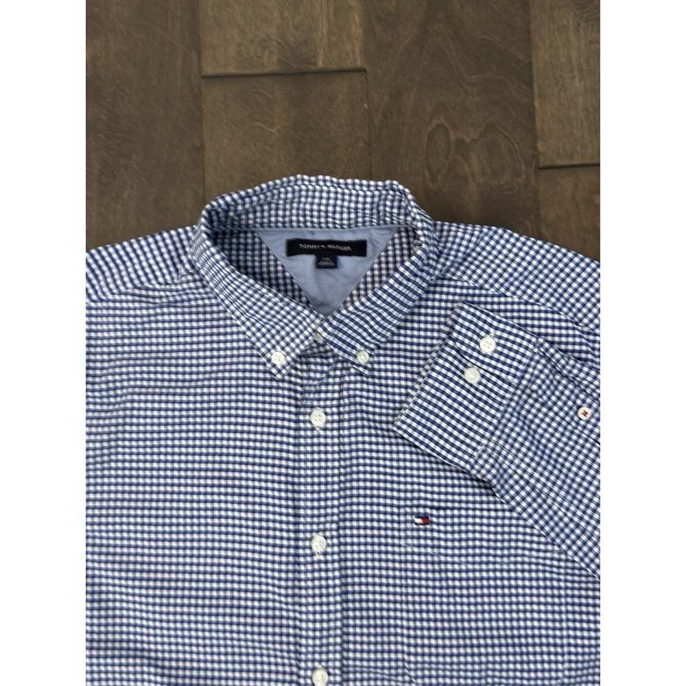 Tommy Hilfiger Mens Button Down Blue Gingham Long Sleeve Shirt Size L Flag Logo